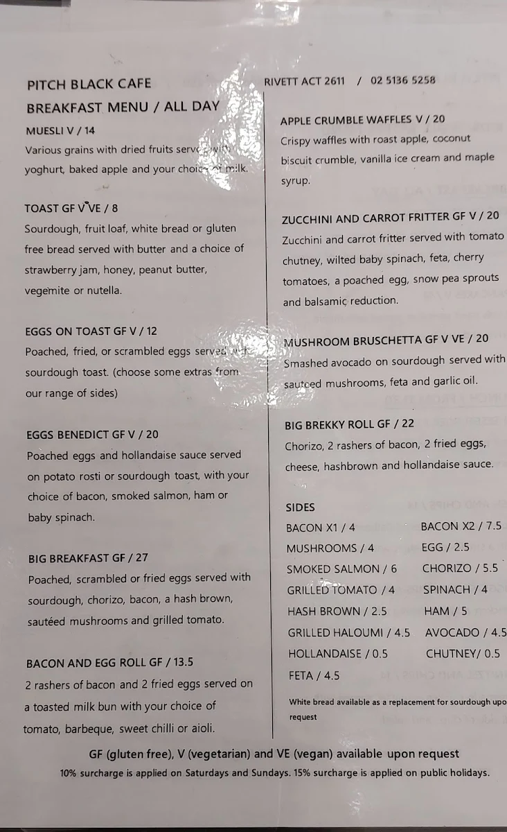 Menu, Pitch Black Cafe