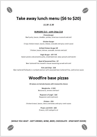 Menu, Pitch Black Cafe