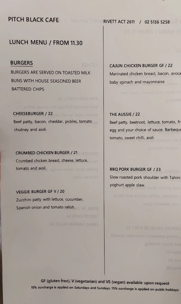 Menu, Pitch Black Cafe