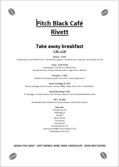 Menu, Pitch Black Cafe