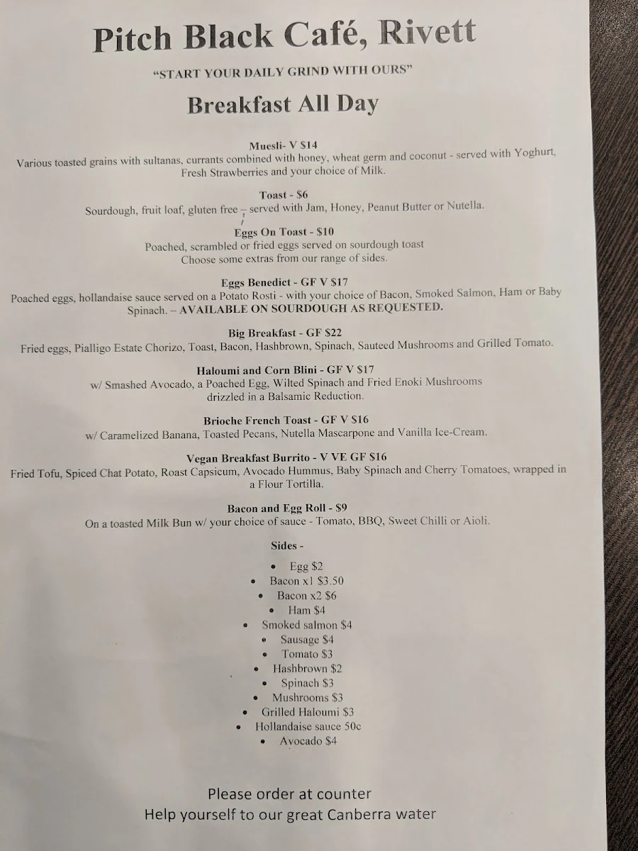 Menu, Pitch Black Cafe
