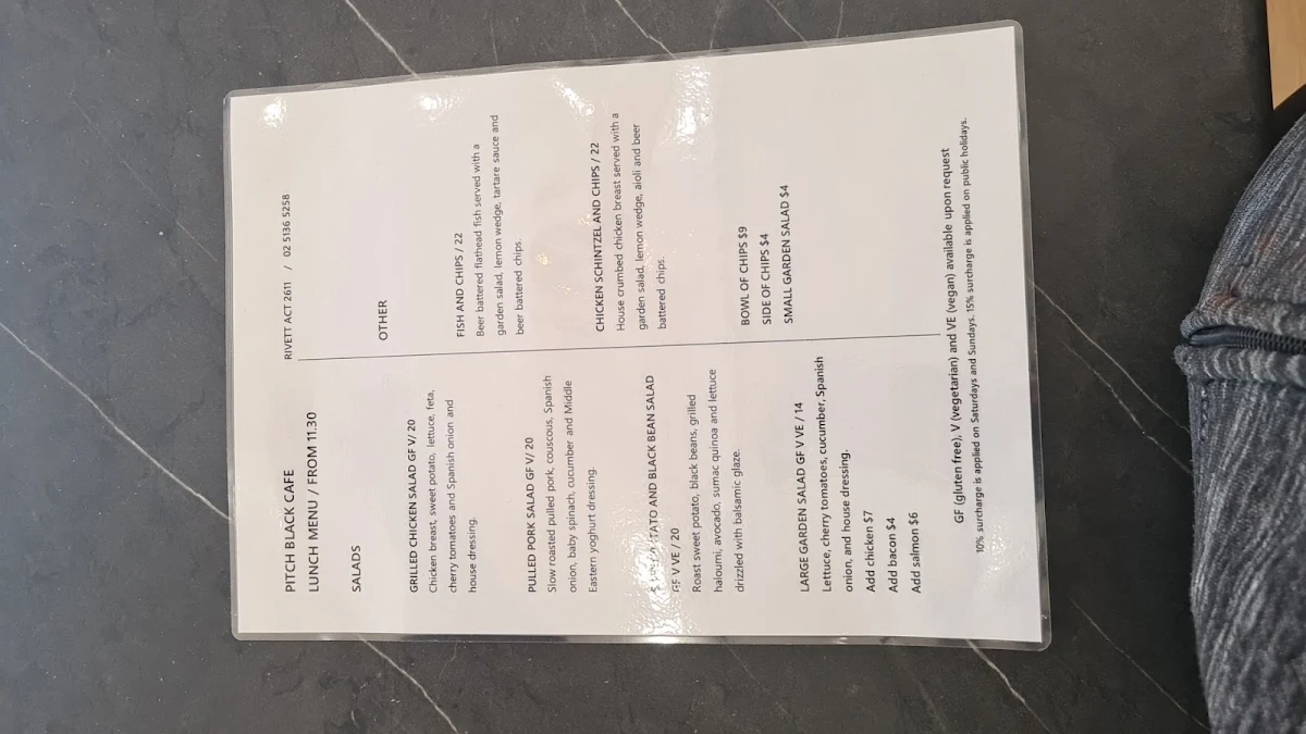 Menu, Pitch Black Cafe