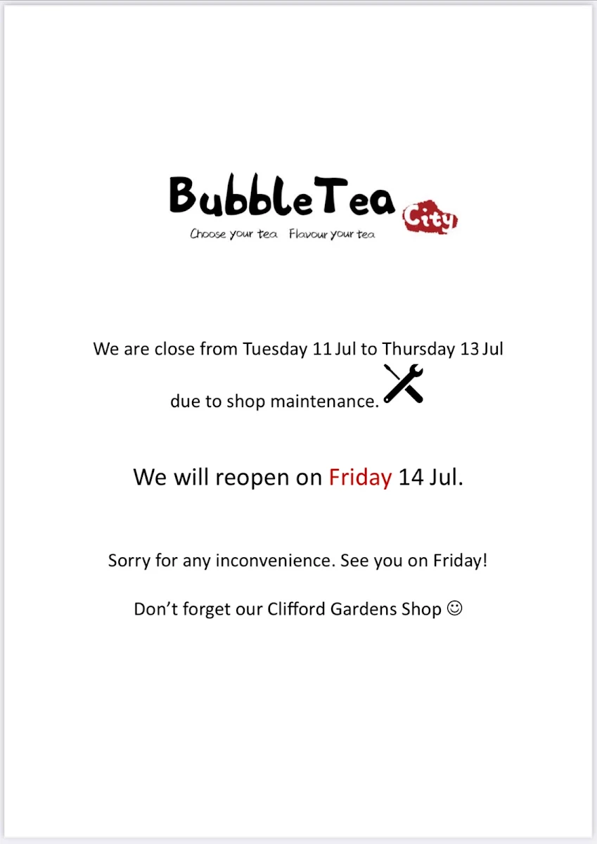 Menu, Bubble Tea City (Hooper Centre)