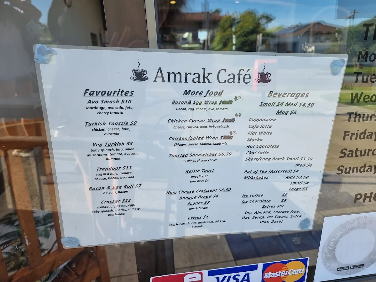 Menu, Amrak Cafe