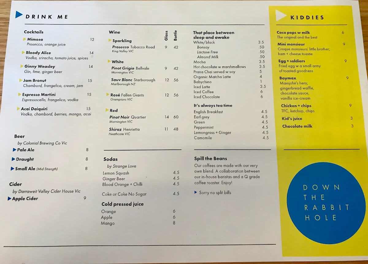 Menu, Down The Rabbit Hole Cafe