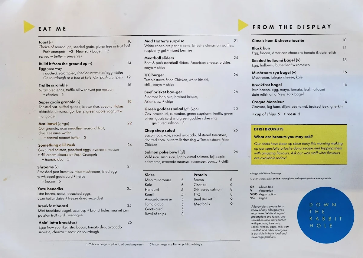 Menu, Down The Rabbit Hole Cafe