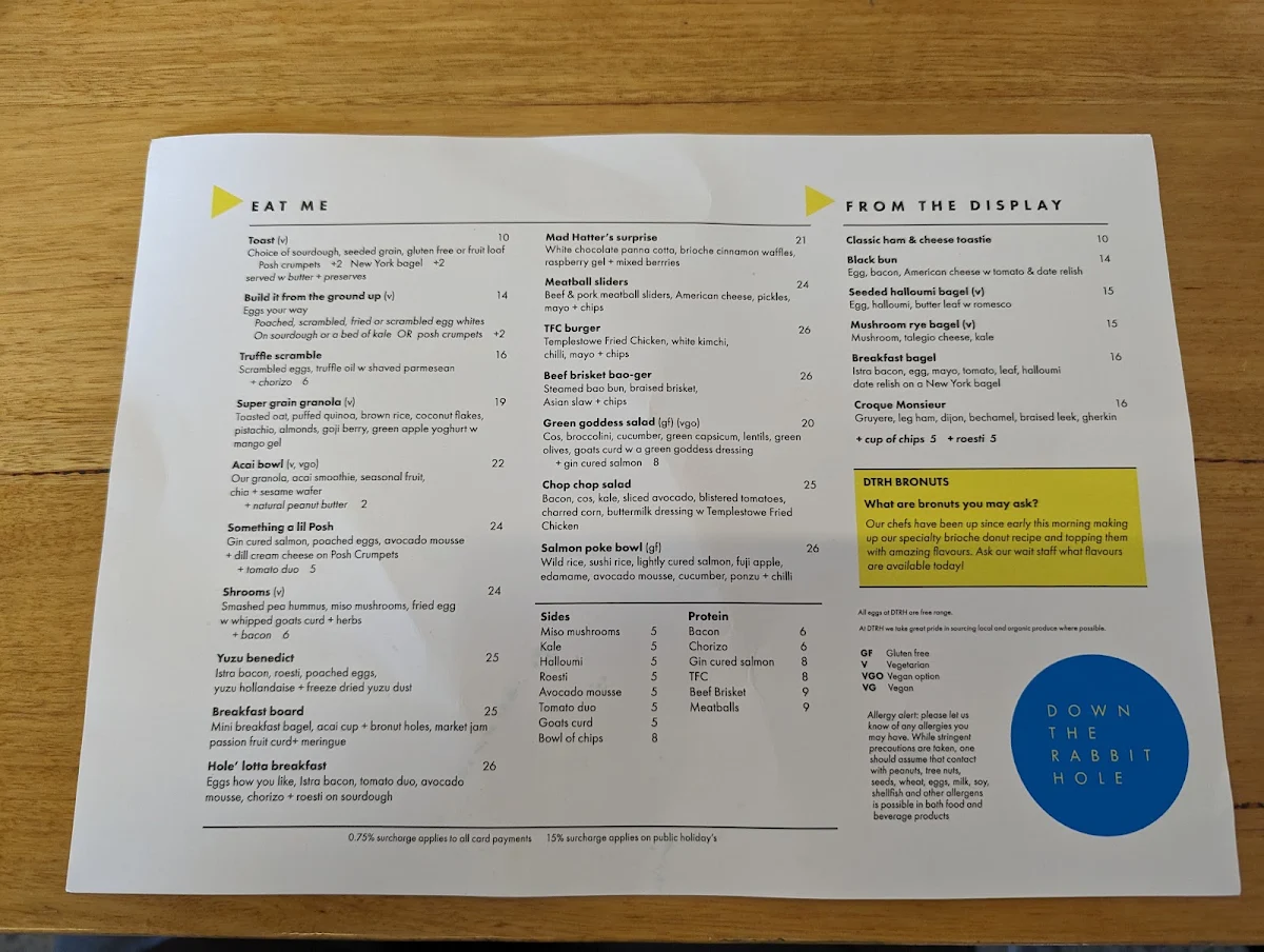 Menu, Down The Rabbit Hole Cafe