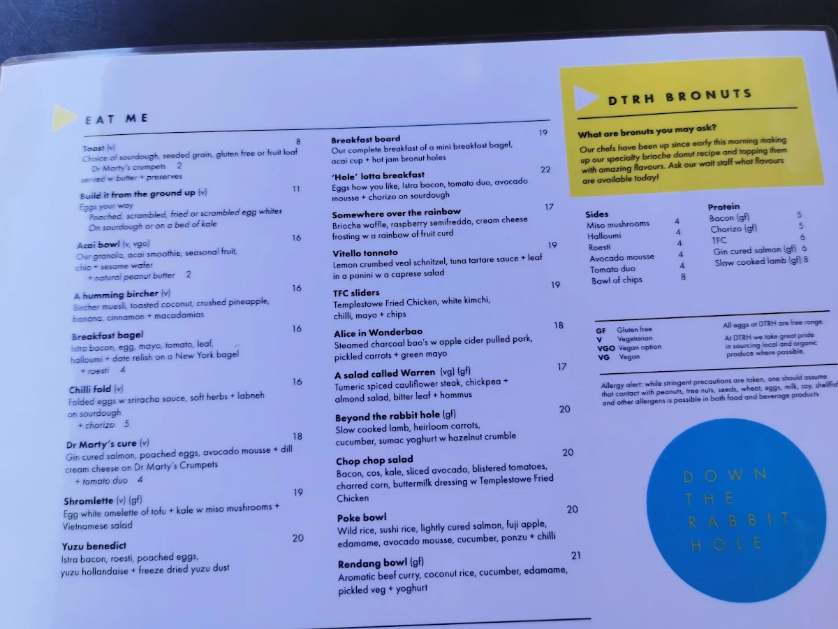 Menu, Down The Rabbit Hole Cafe