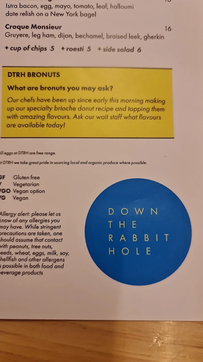 Menu, Down The Rabbit Hole Cafe