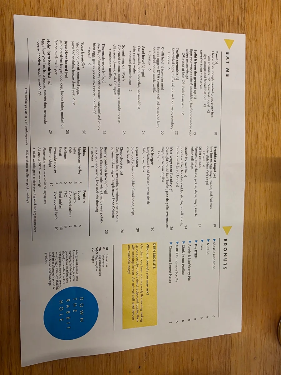 Menu, Down The Rabbit Hole Cafe