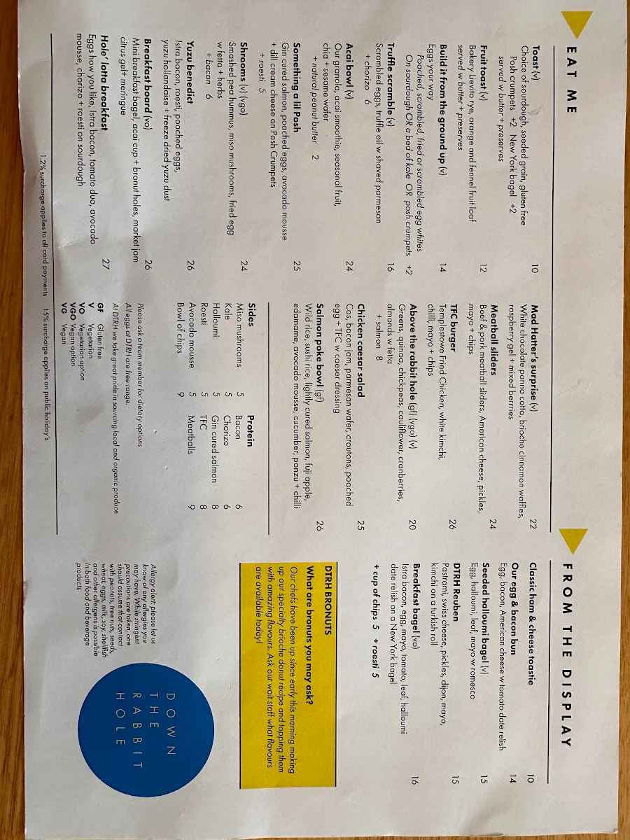 Menu, Down The Rabbit Hole Cafe