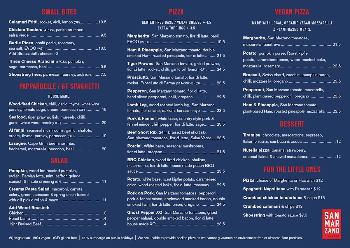 Menu, San Marzano Pizzeria / Salumi Bar
