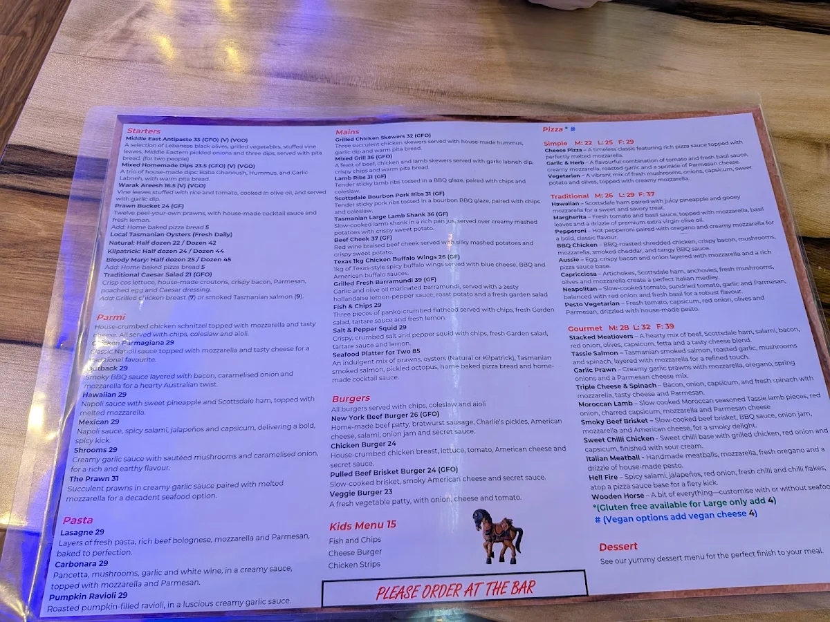 Menu, Wooden Horse Bar and Pizza Hobart