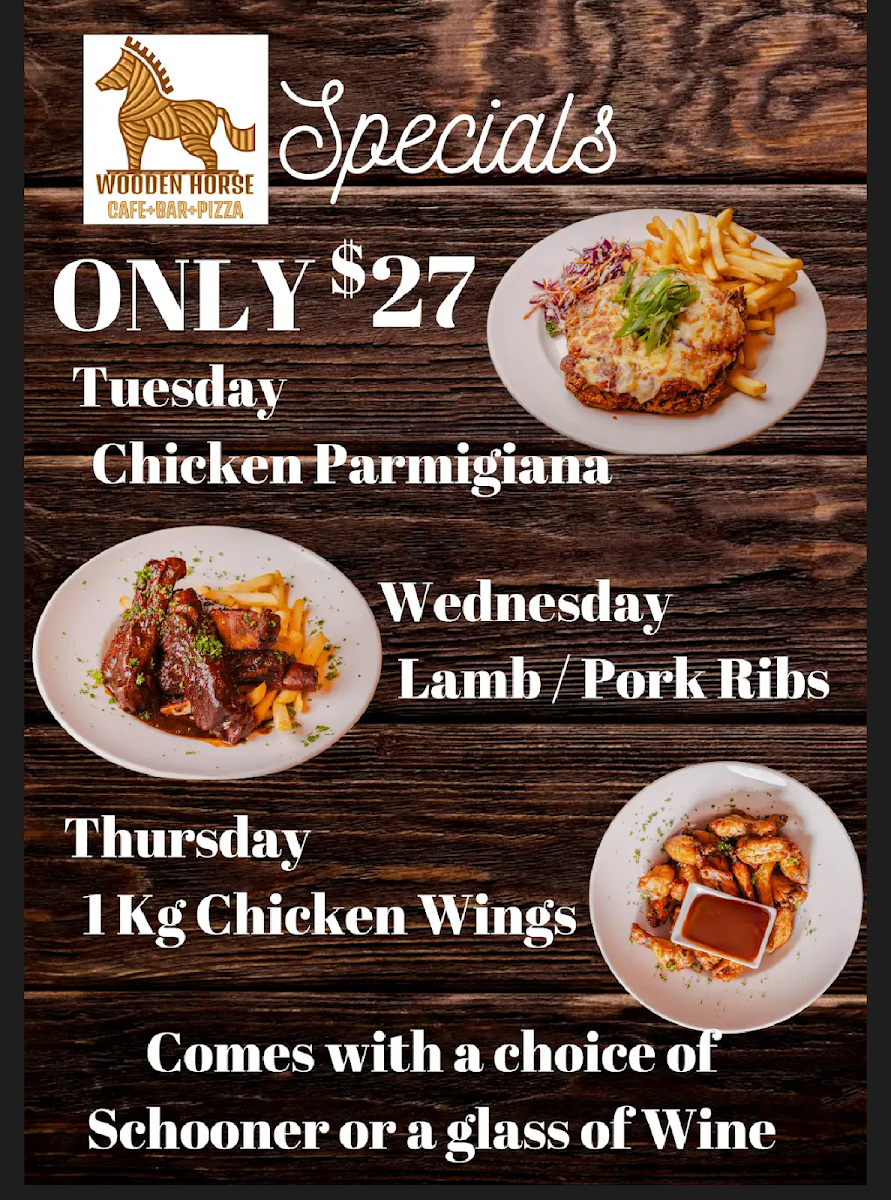 Menu, Wooden Horse Bar and Pizza Hobart