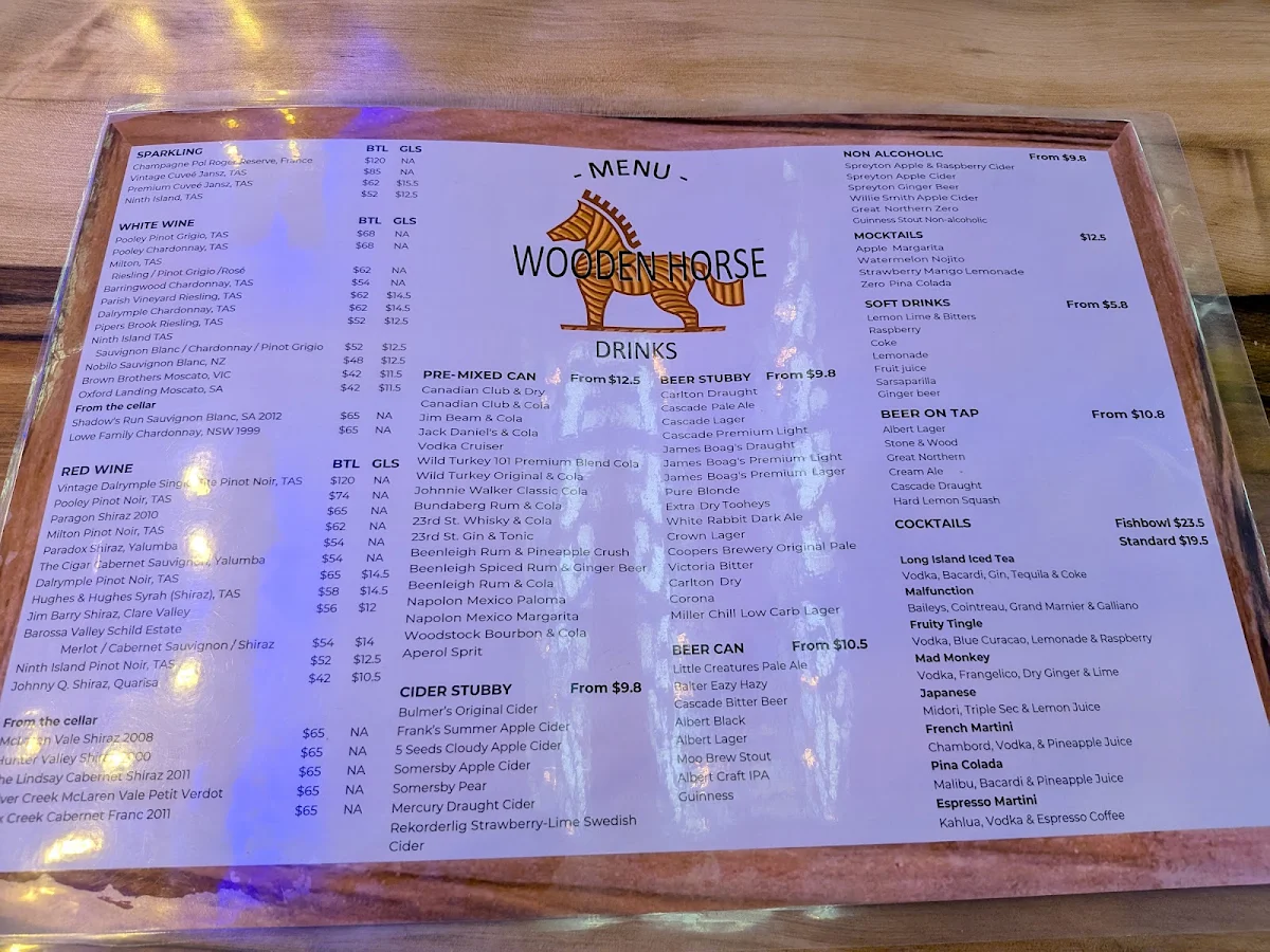 Menu, Wooden Horse Bar and Pizza Hobart