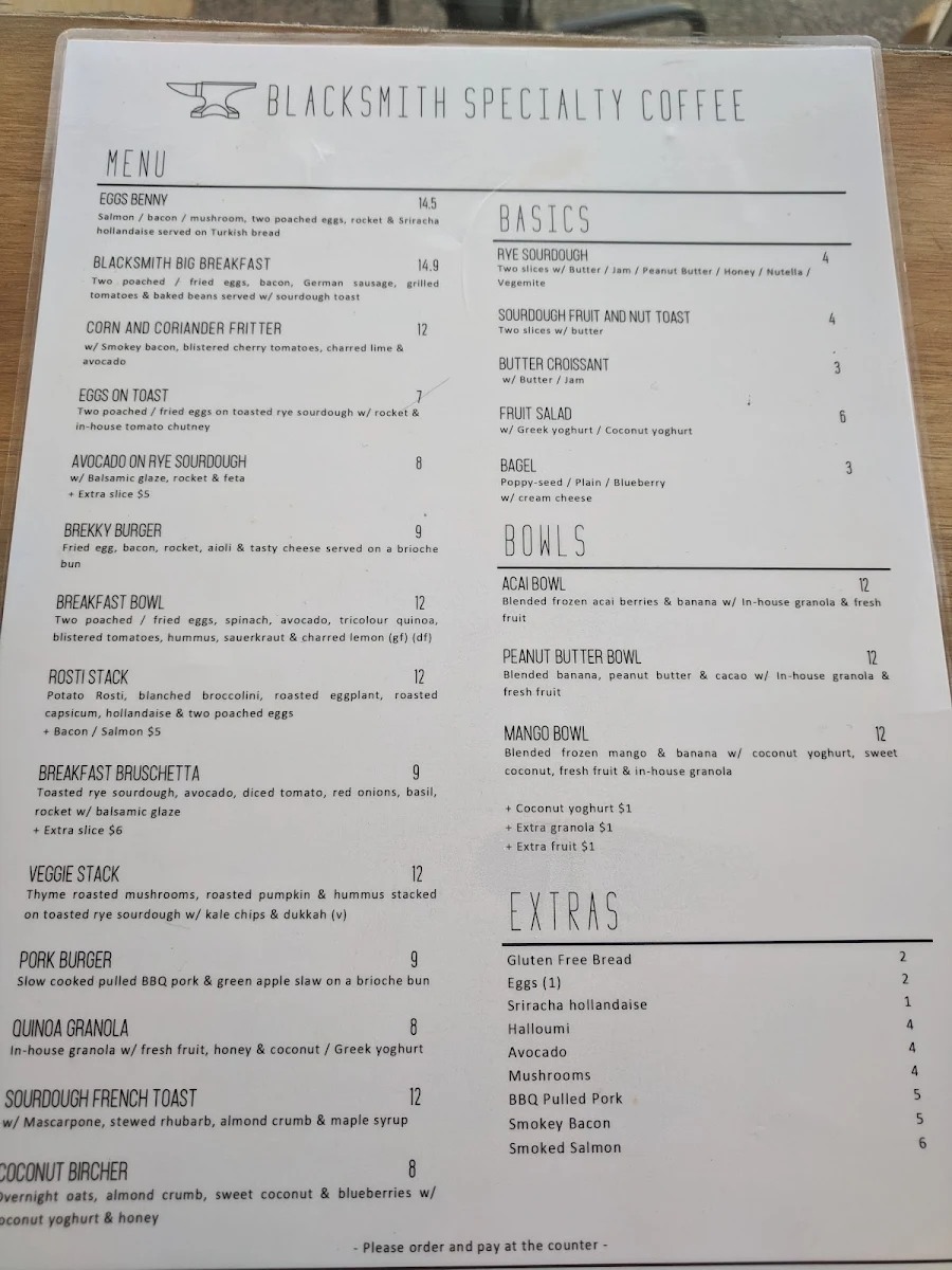Menu, Blacksmith Specialty Coffee