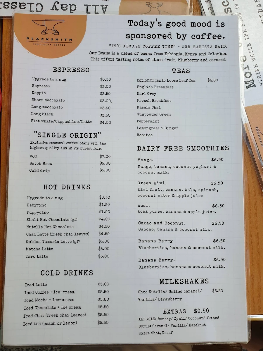 Menu, Blacksmith Specialty Coffee