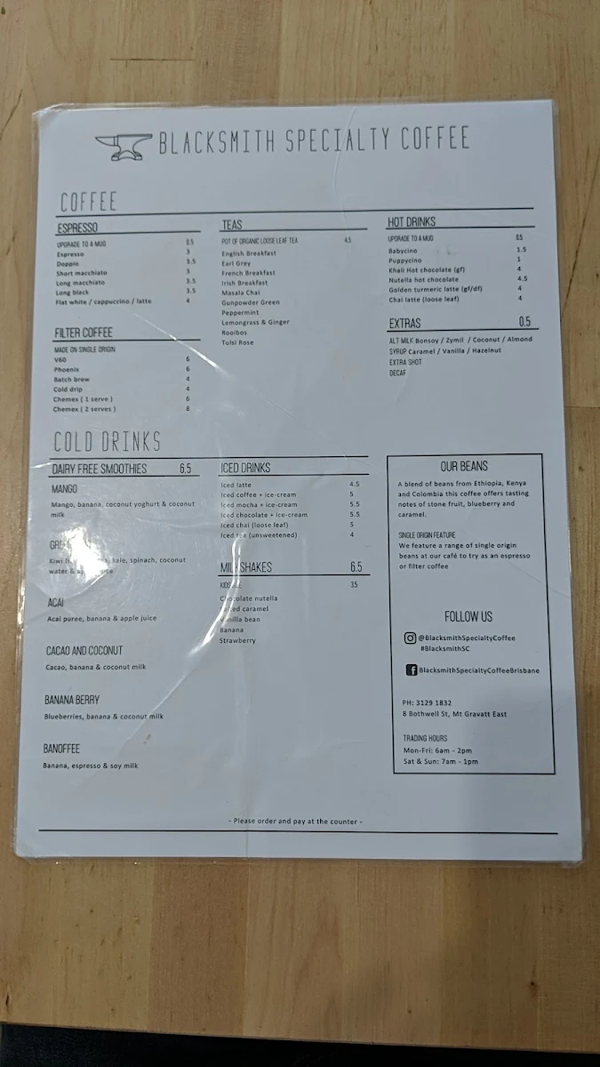 Menu, Blacksmith Specialty Coffee