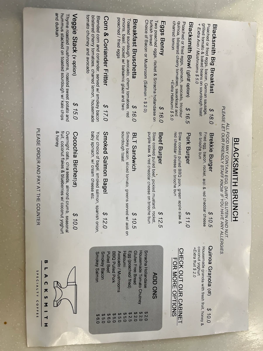 Menu, Blacksmith Specialty Coffee