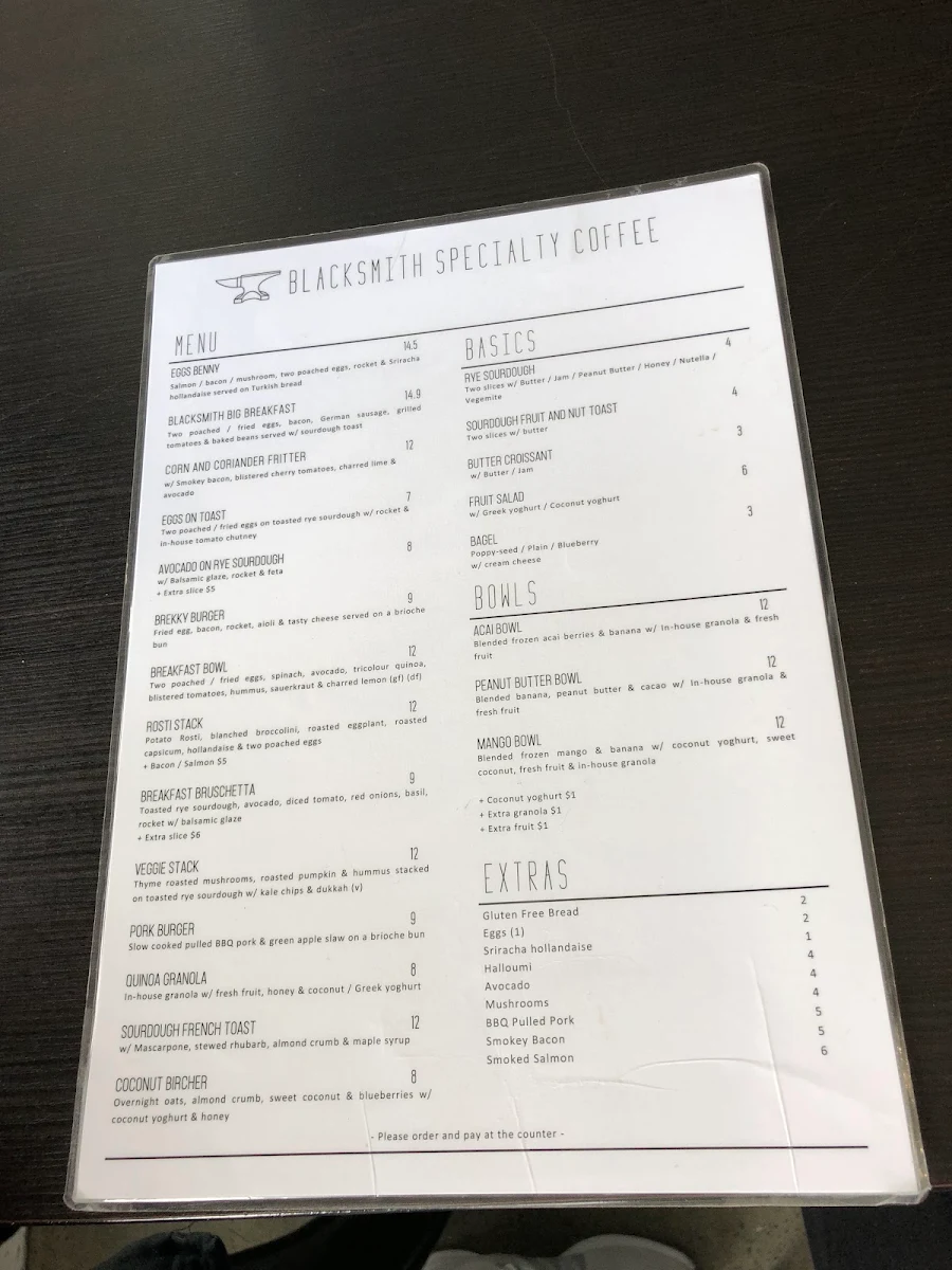Menu, Blacksmith Specialty Coffee