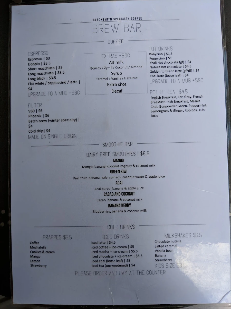 Menu, Blacksmith Specialty Coffee