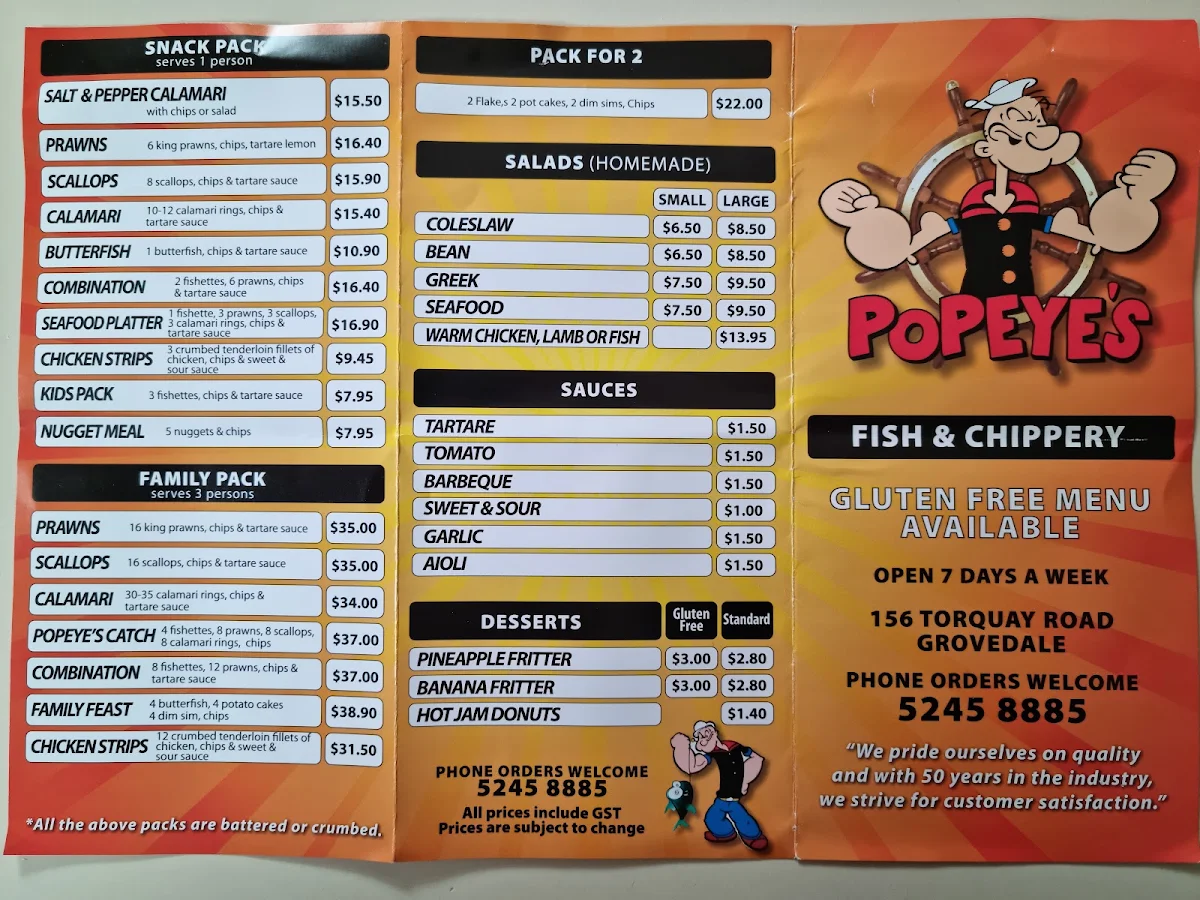 Menu, Popeye's Fish & Chippery