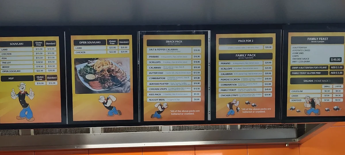 Menu, Popeye's Fish & Chippery