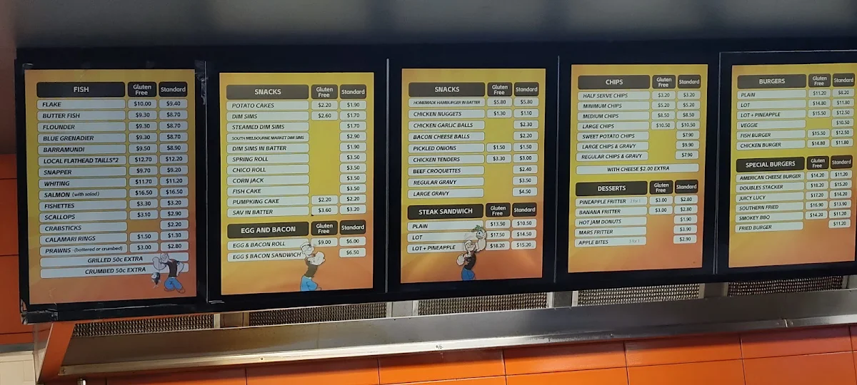 Menu, Popeye's Fish & Chippery