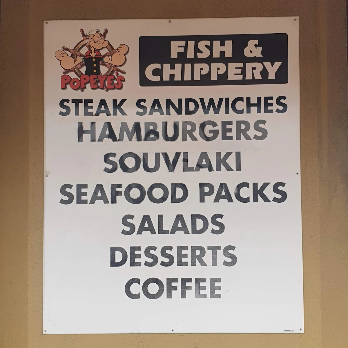 Menu, Popeye's Fish & Chippery