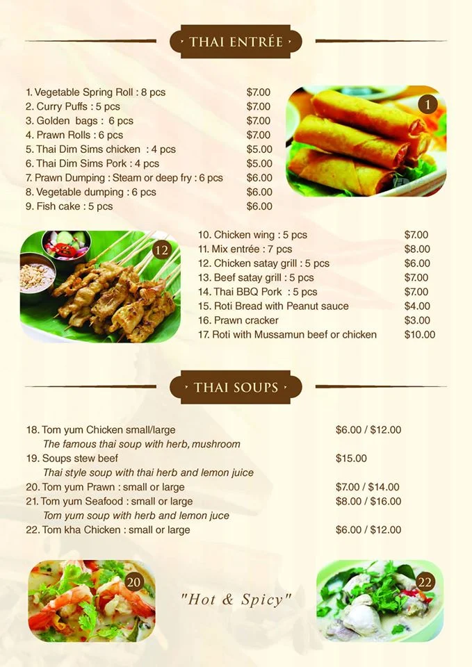 Menu, Phaboonchai Thai Restaurant