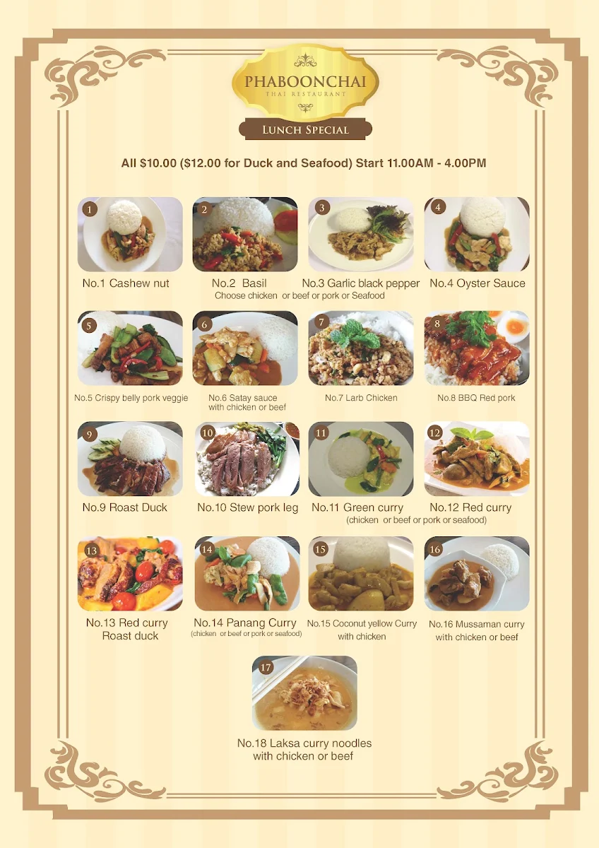 Menu, Phaboonchai Thai Restaurant
