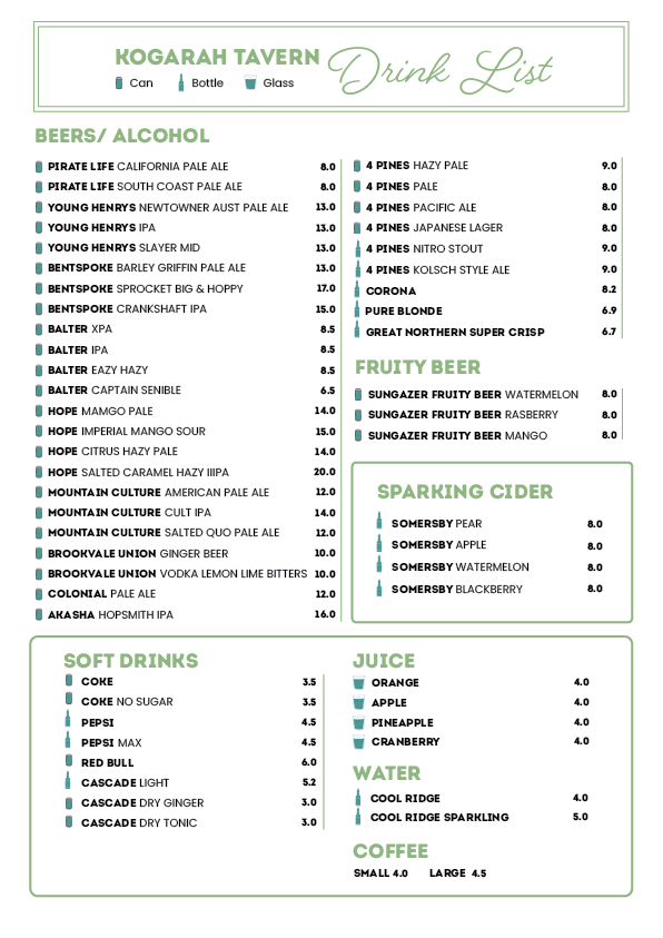 Menu, Kogarah Tavern