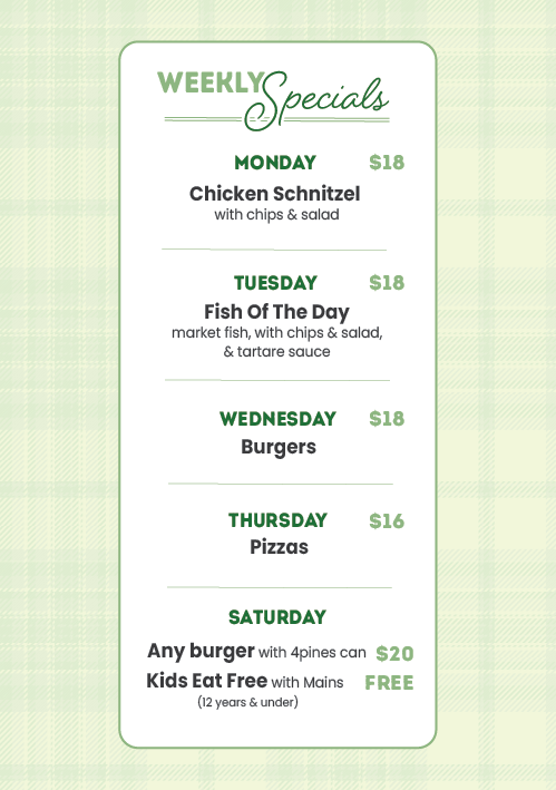 Menu, Kogarah Tavern