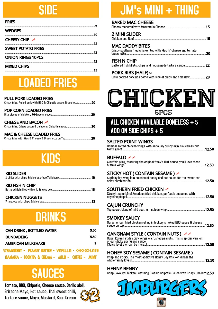 Menu, JM Burgers Shelley