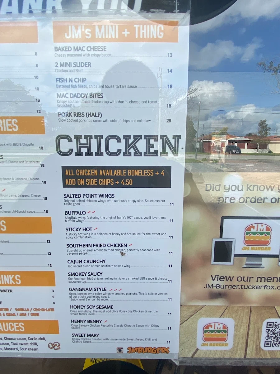 Menu, JM Burgers Shelley