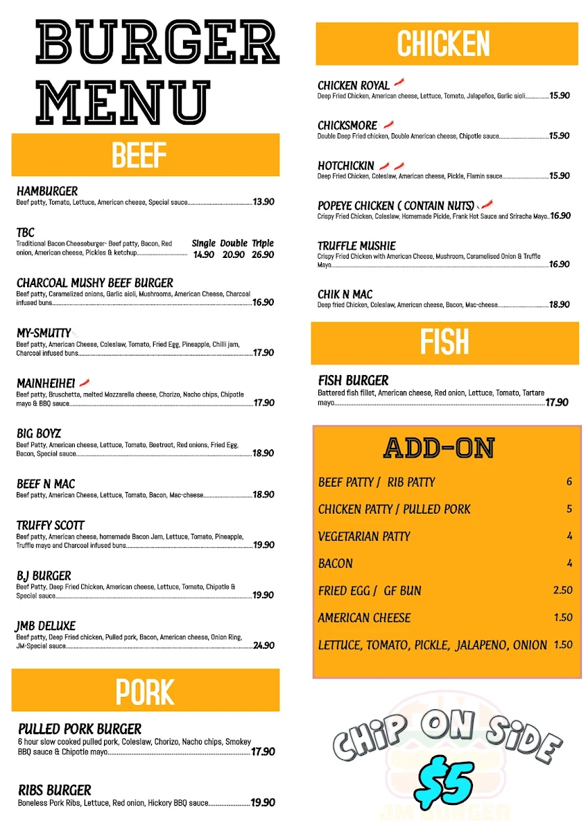 Menu, JM Burgers Shelley