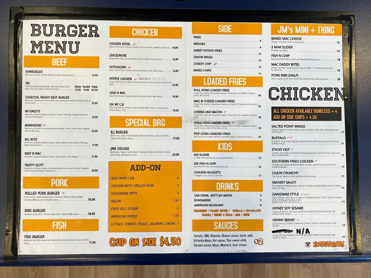 Menu, JM Burgers Shelley