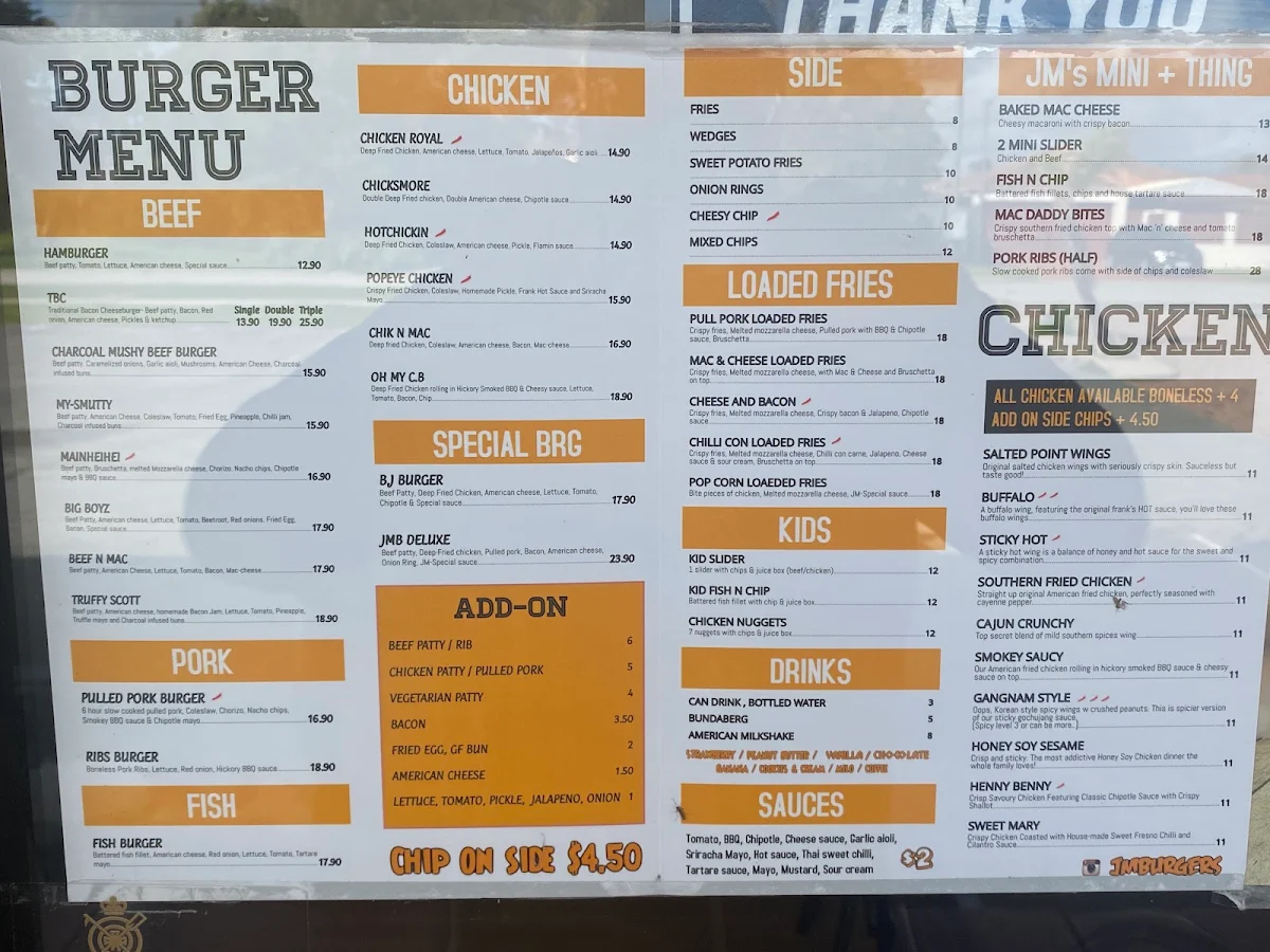 Menu, JM Burgers Shelley