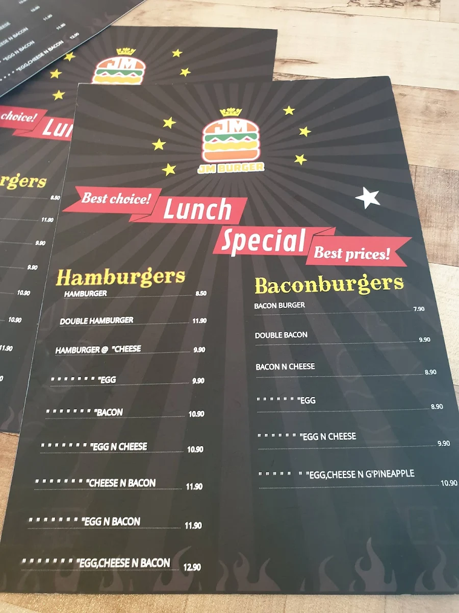 Menu, JM Burgers Shelley