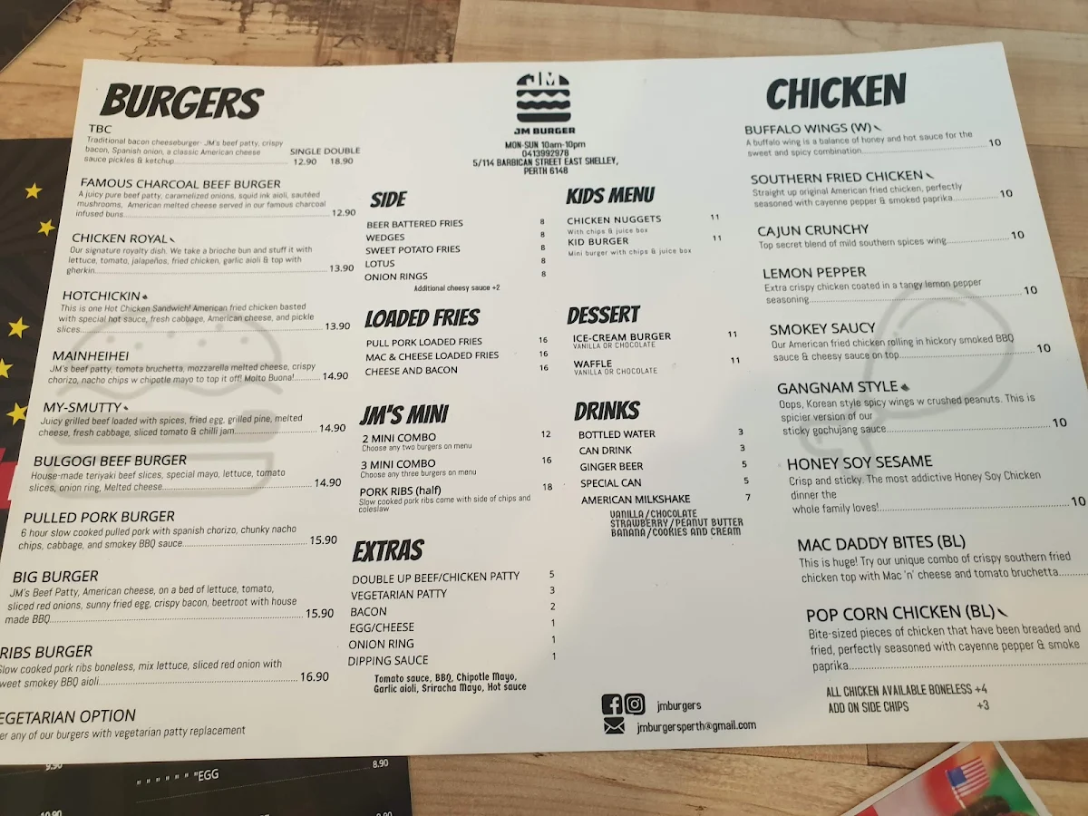 Menu, JM Burgers Shelley