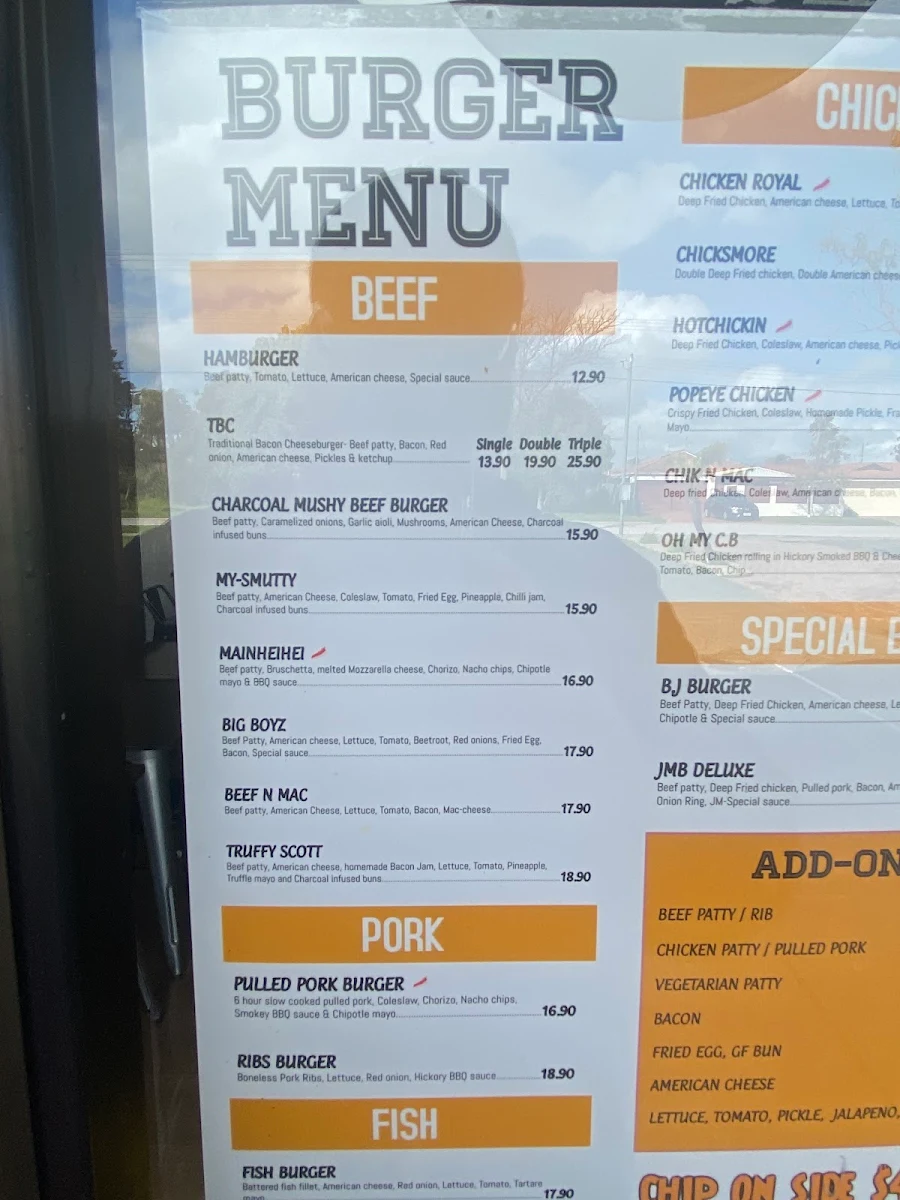 Menu, JM Burgers Shelley