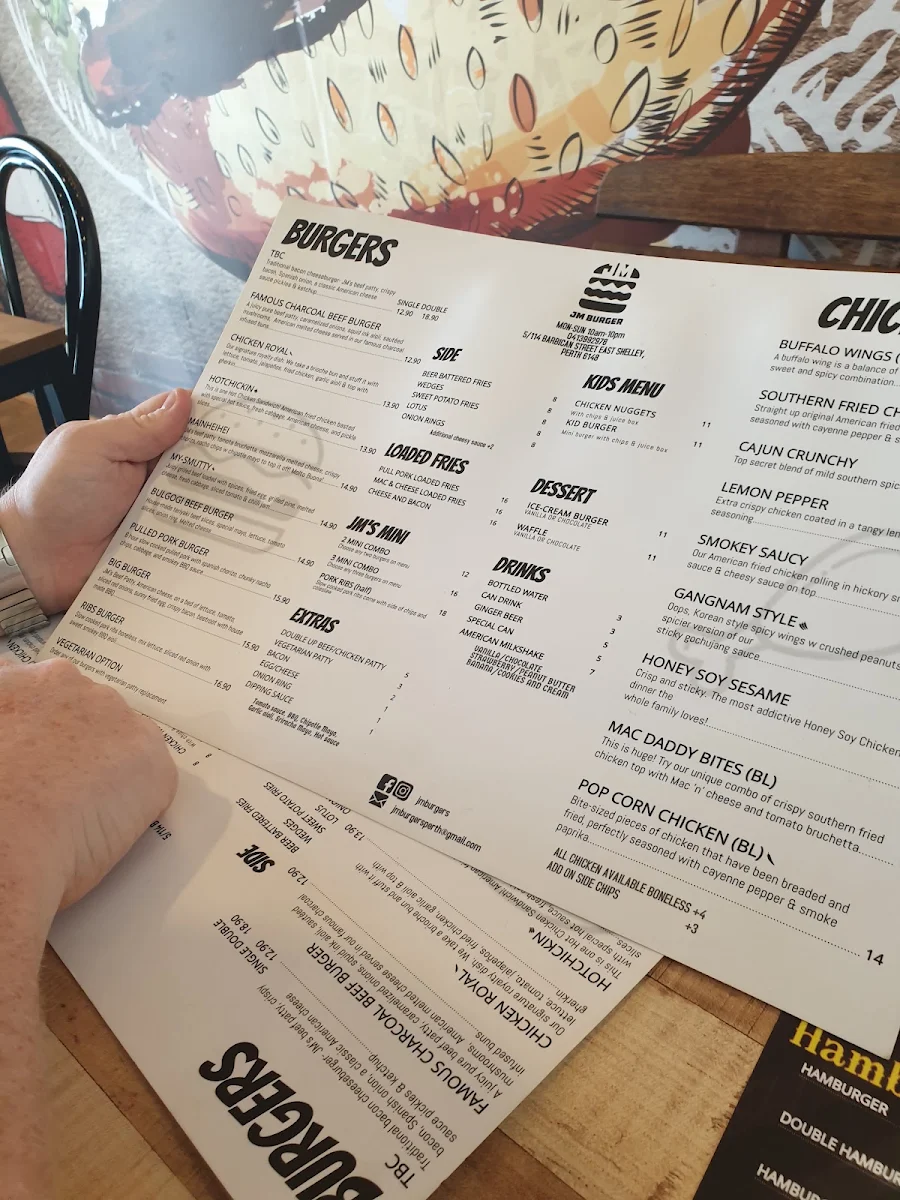 Menu, JM Burgers Shelley