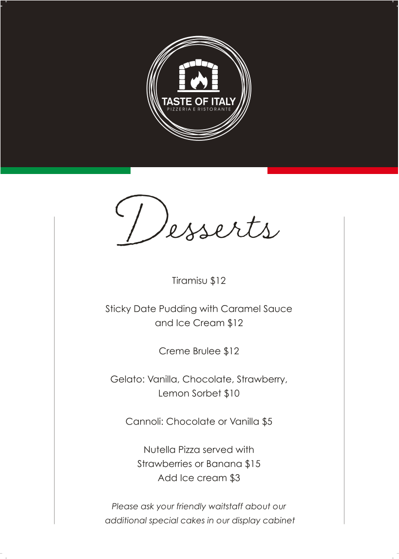 Menu, Taste of Italy Armadale
