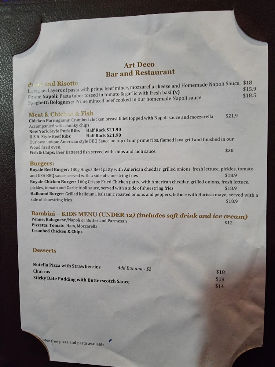 Menu, Artdeco Bar & Kitchen