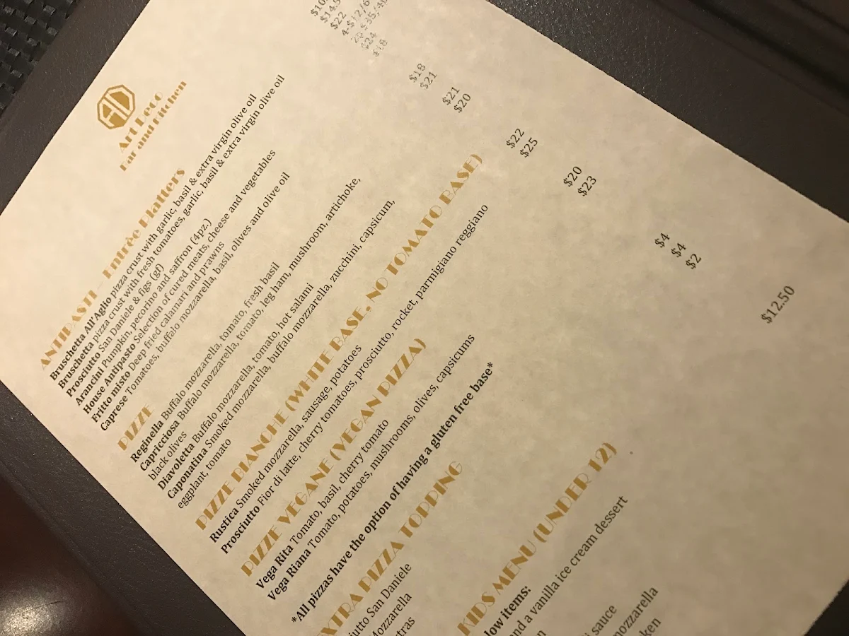 Menu, Artdeco Bar & Kitchen