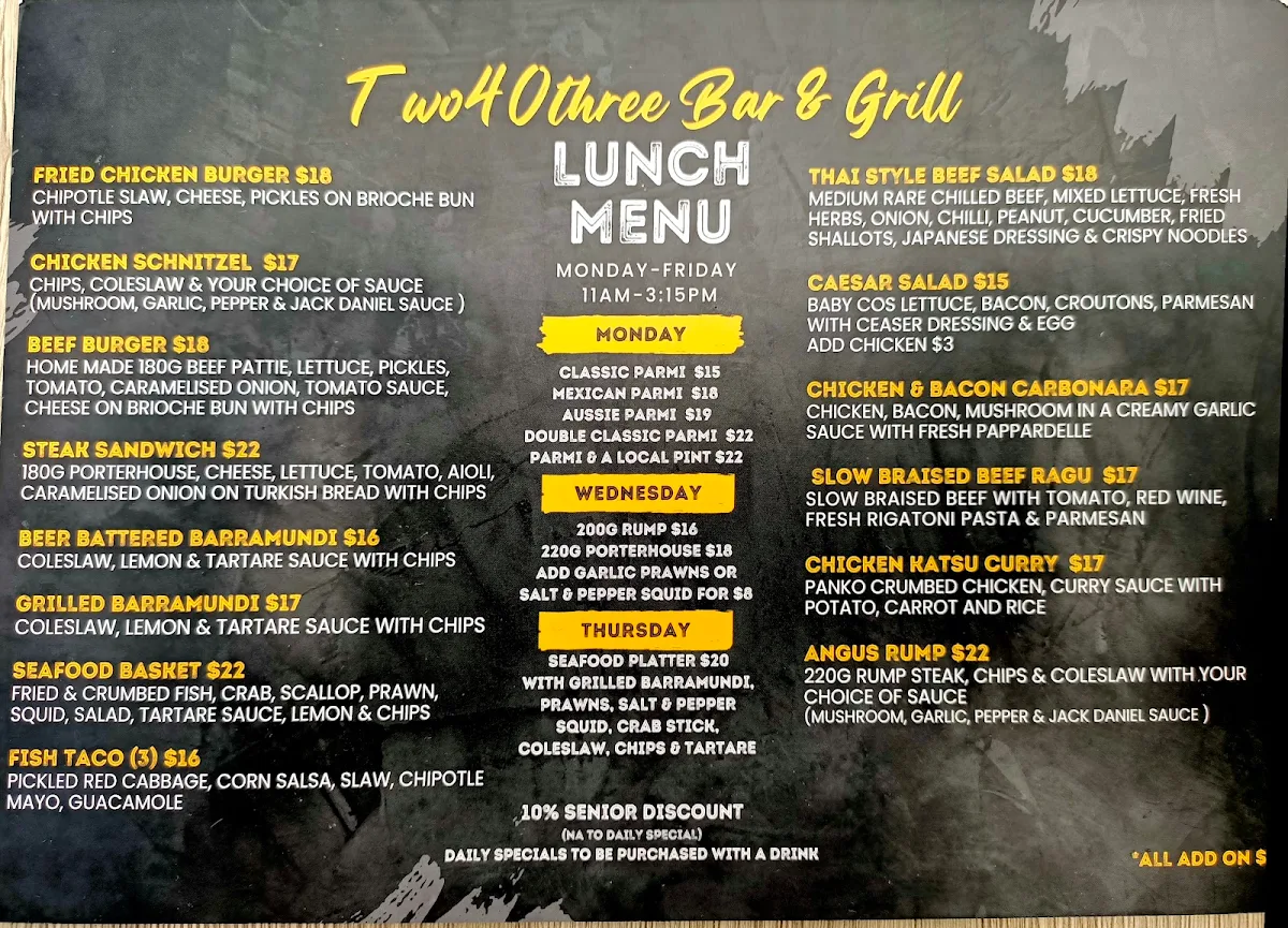 Menu, Two40Three Bar&Grill Morley