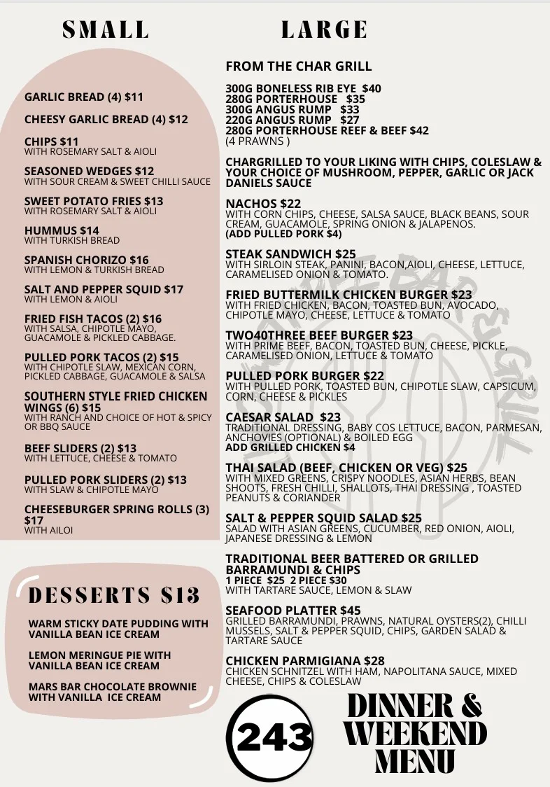 Menu, Two40Three Bar&Grill Morley