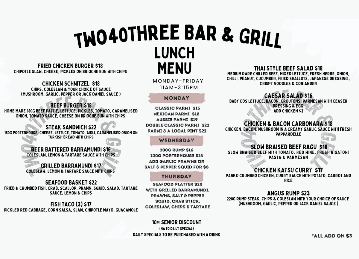 Menu, Two40Three Bar&Grill Morley