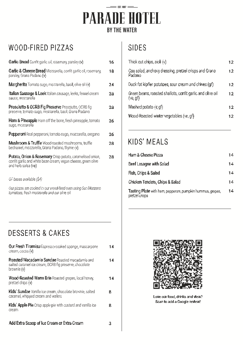 Menu, Parade Hotel - Bar & Bistro