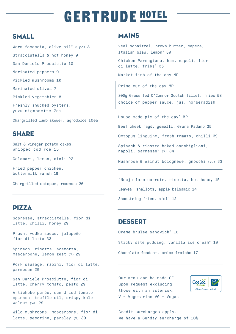Menu, The Gertrude Hotel